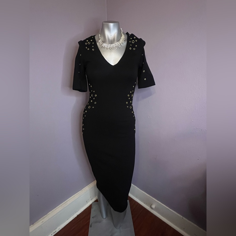 XOXO Black V-Neck Midi Dress with Gold Eyelet Accents